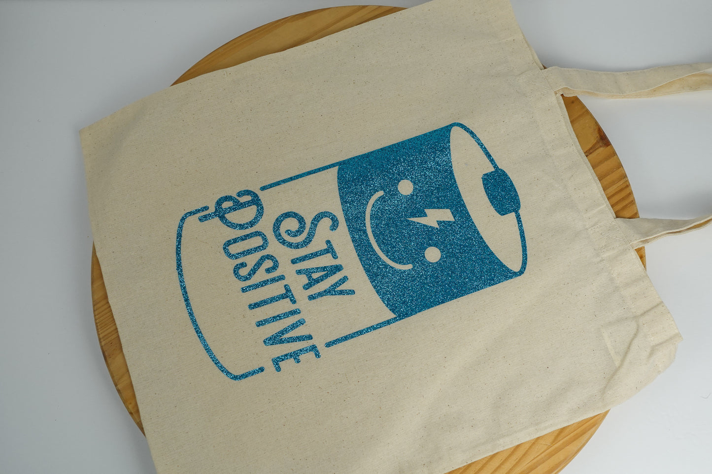 Handmade Stay Positive Battery Tote Bag