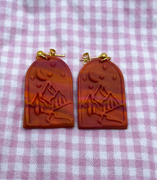 Crescent Moon and Mountain Clay Earrings