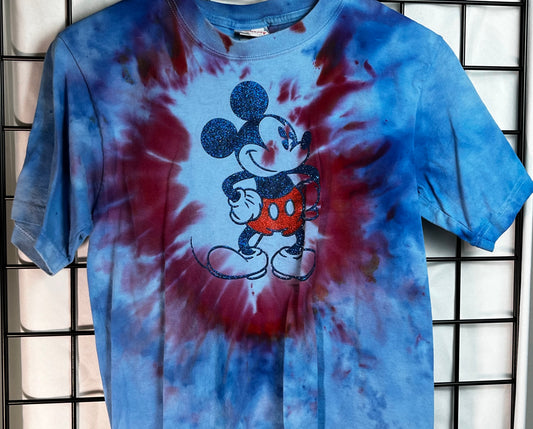 Upcycle Thrifted Tie Dye Disney Mickey Mouse Glitter Short Sleeve Shirt